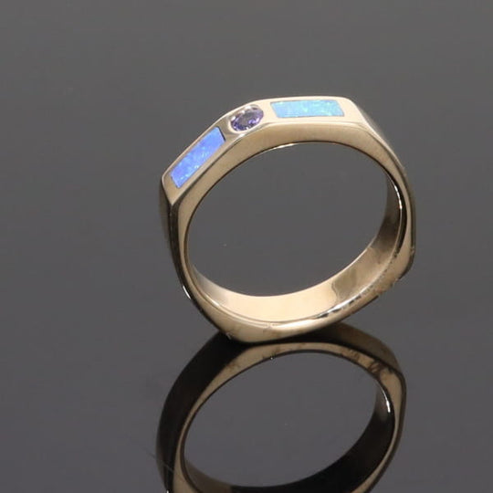 Opal Rings 2 Section Inlaid Design with Round Tanzanite