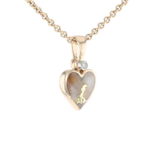 Gold Quartz Necklace Heart Inlaid Design Pendant with .02ct Diamond
