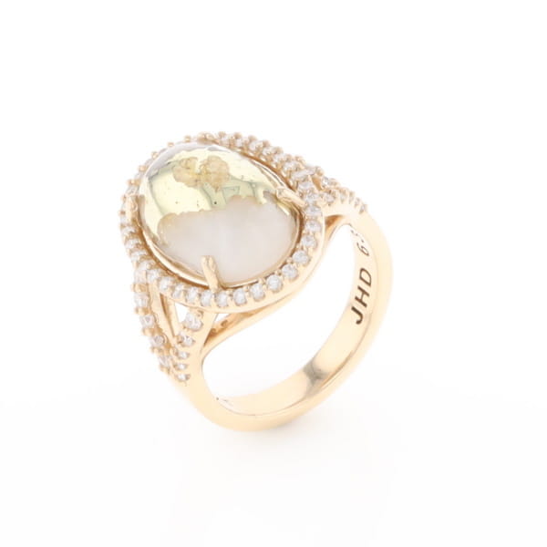 Gold Quartz Ring Oval Cabochon 0.65ctw Round Diamonds Halo