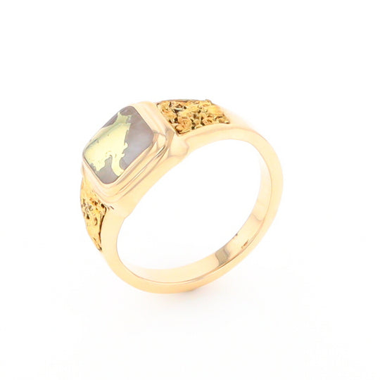 Gold Quartz Ring Square Inlaid Design Double Natural Nugget Sides