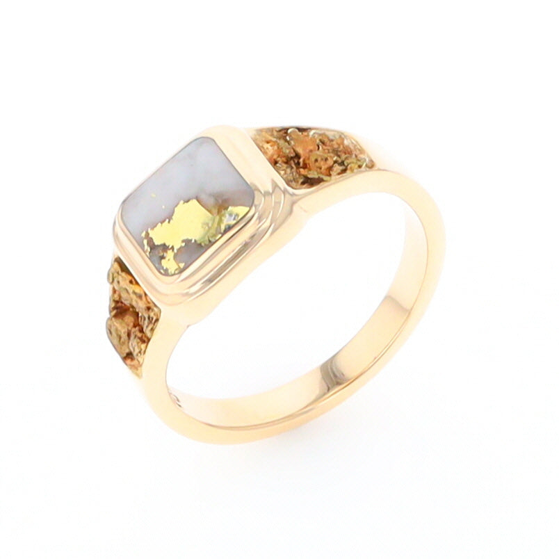 Gold Quartz Ring Square Inlaid Design Double Natural Nugget Sides
