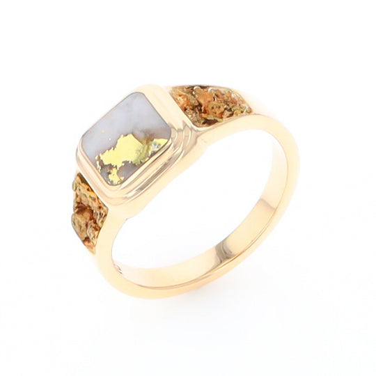 Gold Quartz Ring Square Inlaid Design Double Natural Nugget Sides