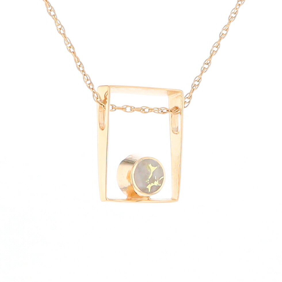 Gold Quartz Necklace Round Inlay Open Rectangle Design Pendant