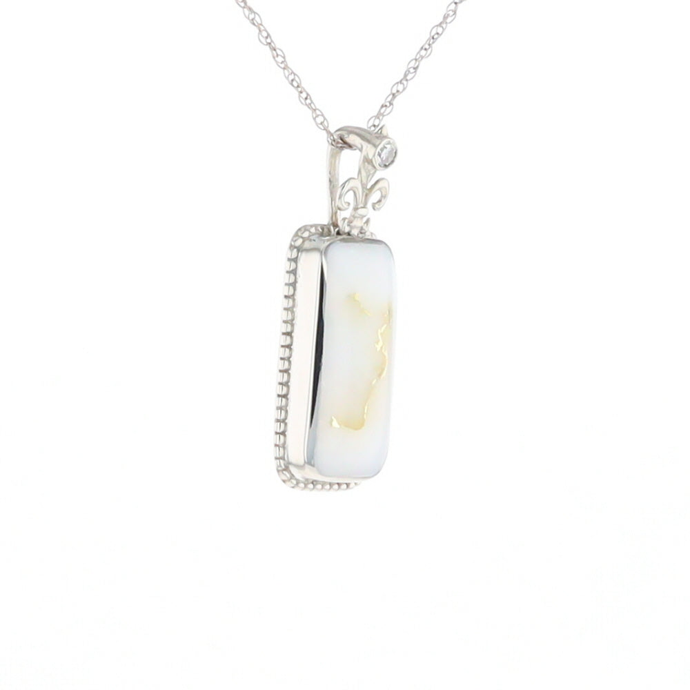 Gold Quartz Necklace, Rectangle Inlaid Fleur De Lis Design with .02ctw Diamond Pendant