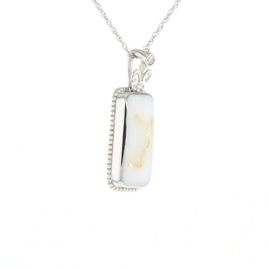 Gold Quartz Necklace, Rectangle Inlaid Fleur De Lis Design with .02ctw Diamond Pendant