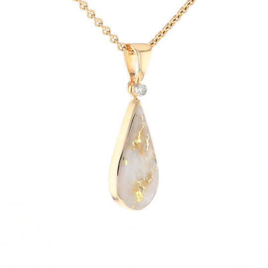 Gold Quartz Necklace Tear Drop Inlaid Pendant with .02ct Diamond