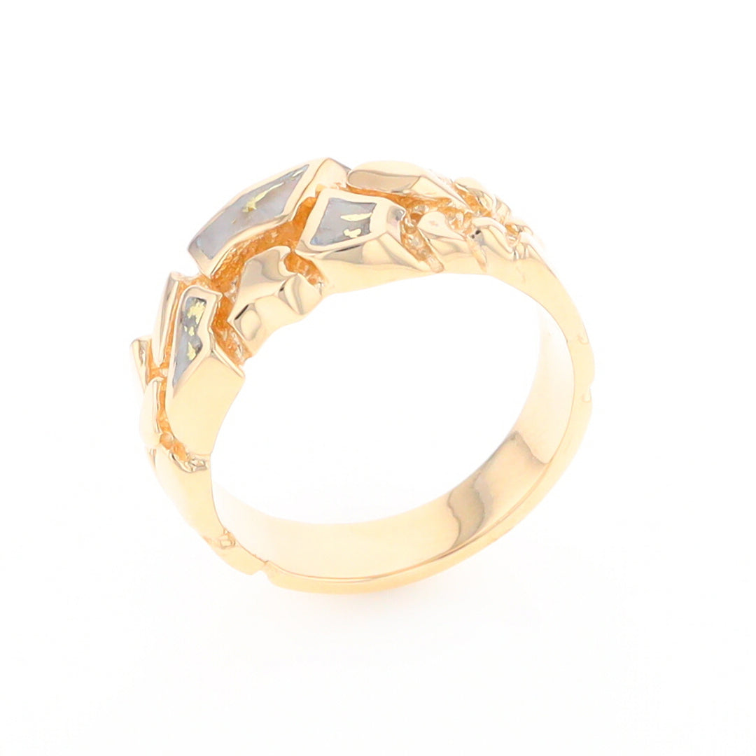 Gold Quartz Ring 3 Section Inlaid Nugget Design Band