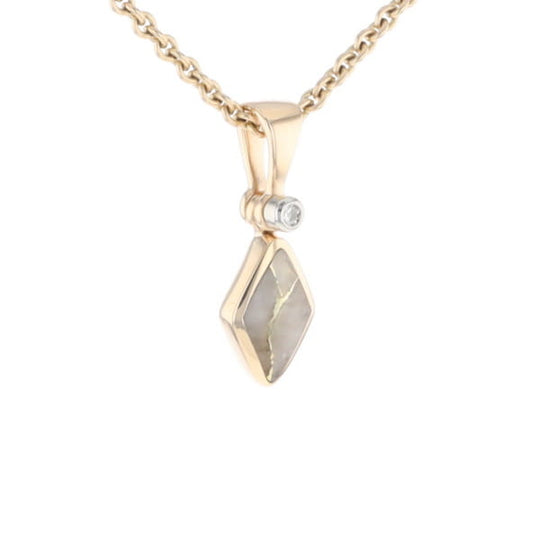 Gold Quartz Necklace Diamond Shape Inlaid Pendant with .02ct Diamond