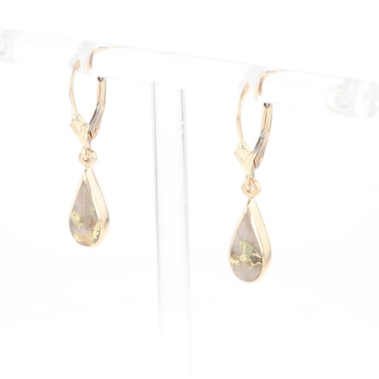 Gold Quartz Earrings Tear Drop Inlaid Lever Backs - G3