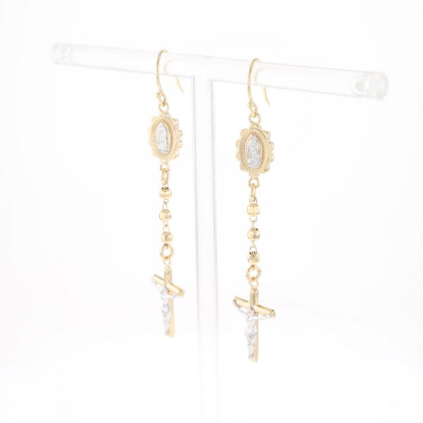 Gold Plated Virgin Mary and Crucifix Dangle Earrings