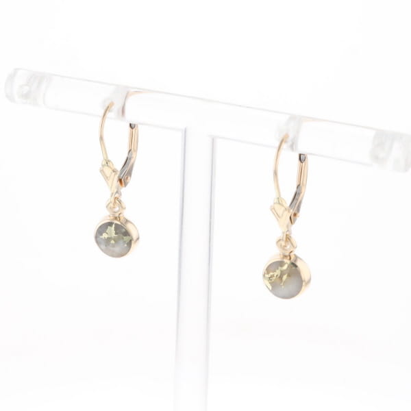 Gold Quartz Earrings Round Inlaid Design Lever Backs