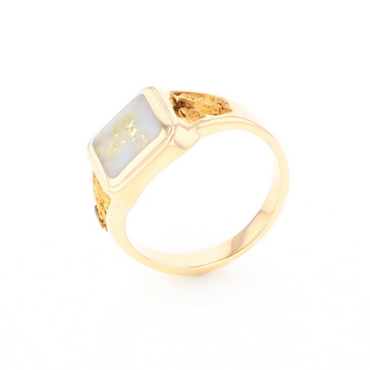 Gold Quartz Ring Square Inlaid Center Design with Natural Nugget Sides