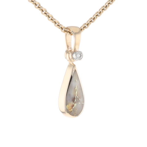 Gold Quartz Pendant Tear Drop Inlaid Design with .02ct Diamond