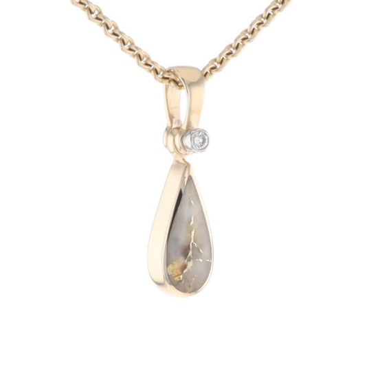 Gold Quartz Pendant Tear Drop Inlaid Design with .02ct Diamond