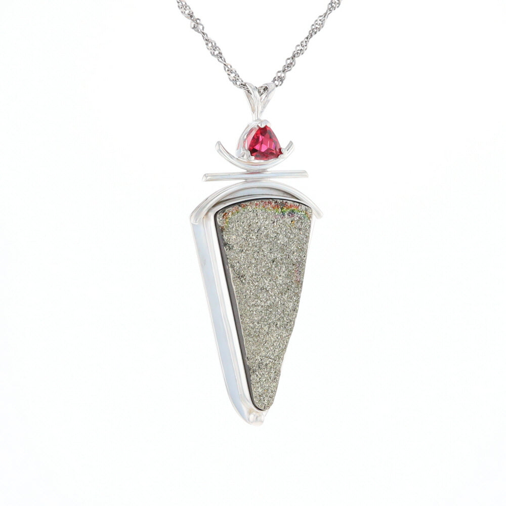 Druzy Quartz & Pink Trillion Tourmaline Pendant