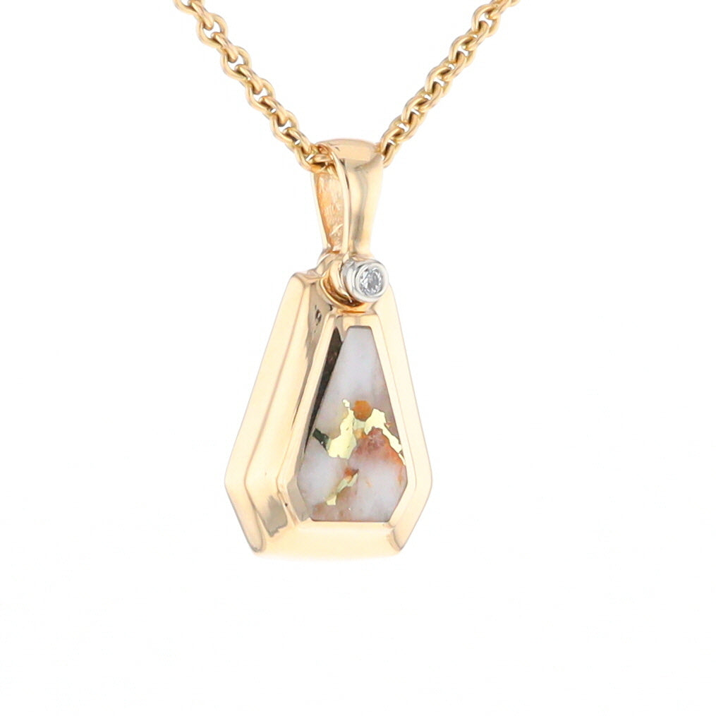 Gold Quartz Necklace, Triangle Inlaid with .02ctw Diamond Pendant