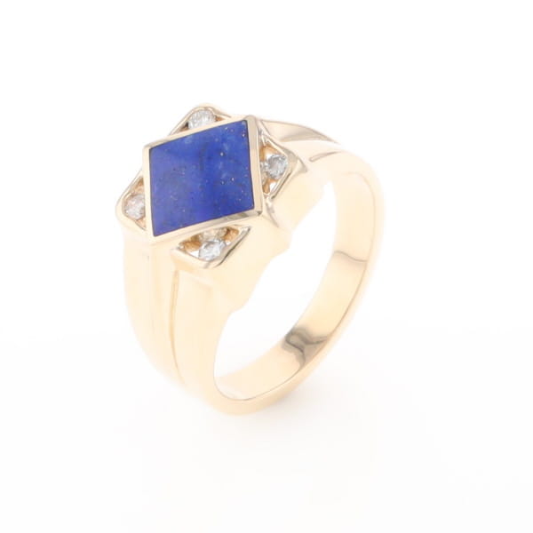 Natural Lapis ring diamond shape inlaid design with .16ctw round diamonds