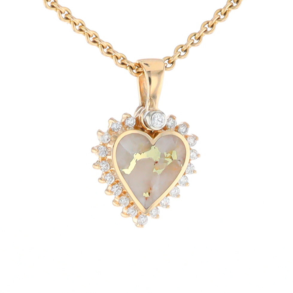 G2 Gold Quartz Pendant Heart Inlaid .21ctw Diamond Halo Design Pendant