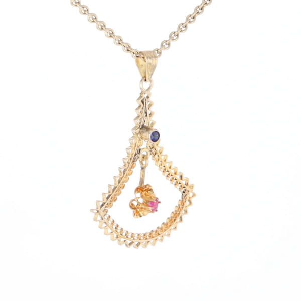 Vintage Buttercup Dangle Ruby Scrollwork Pendant