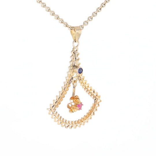 Vintage Buttercup Dangle Ruby Scrollwork Pendant