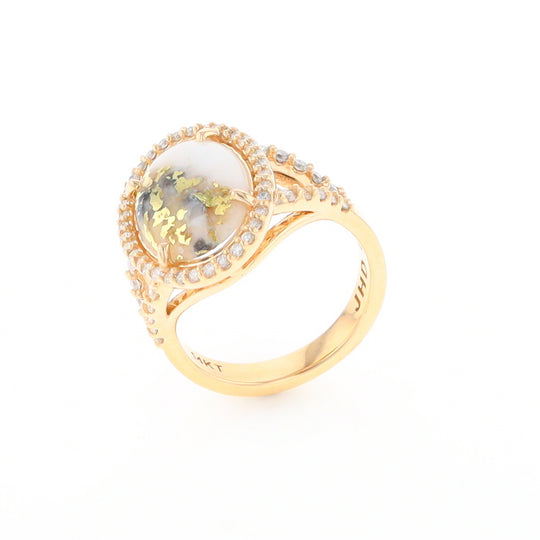 Gold Quartz Ring Oval Cabochon 0.65ctw Round Diamonds Halo (G2)