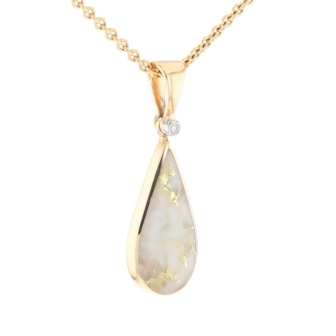 Gold Quartz Necklace Tear Drop Inlaid Pendant with .02ct Diamond