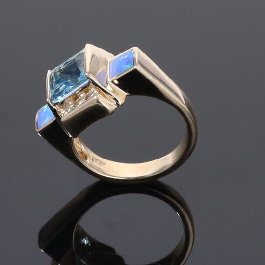 Opal Rings Inlaid Sides Swiss Blue Topaz Center with .24ctw Diamonds