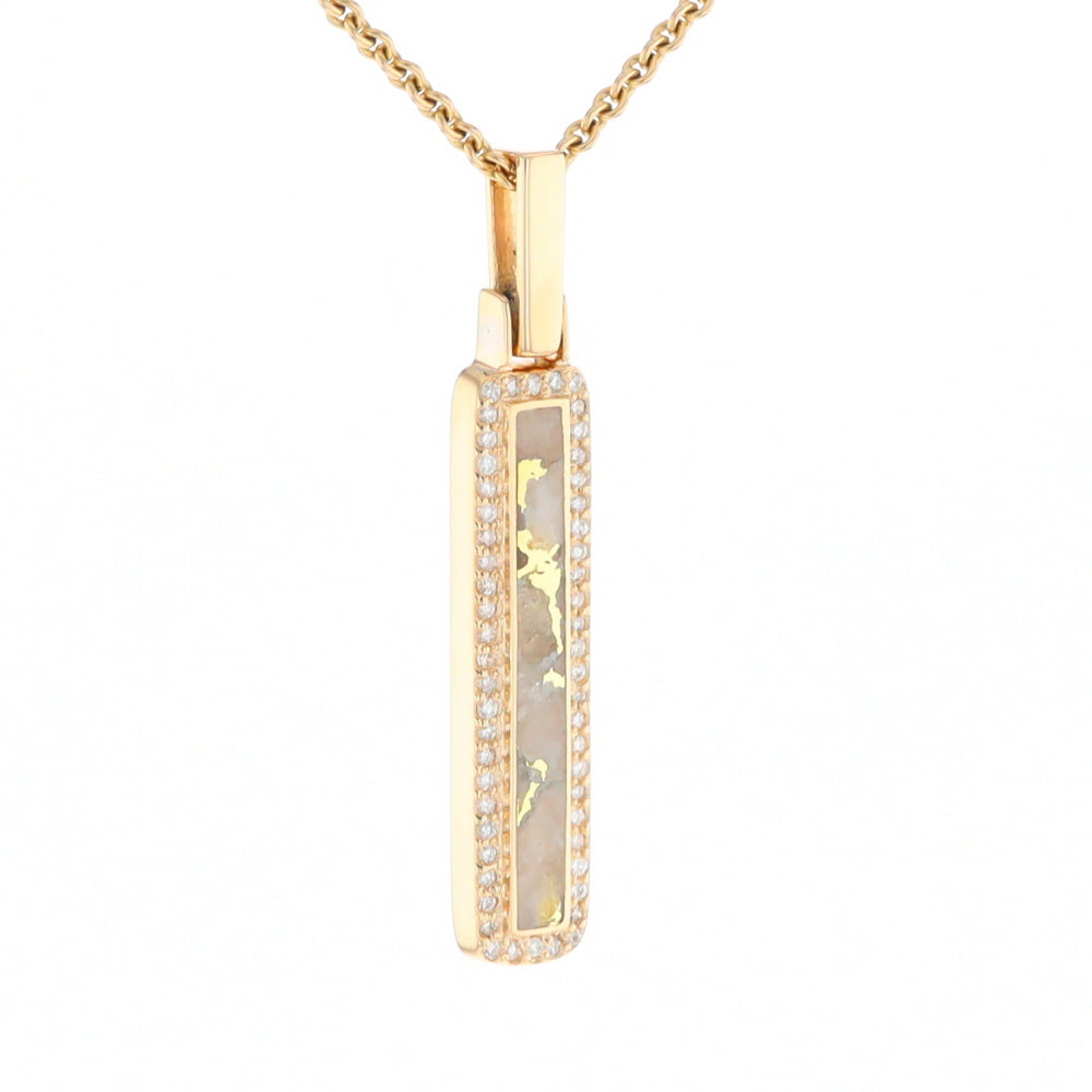 Gold Quartz Necklace, Rectangle Inlaid, .27ctw Diamond Halo Pendant