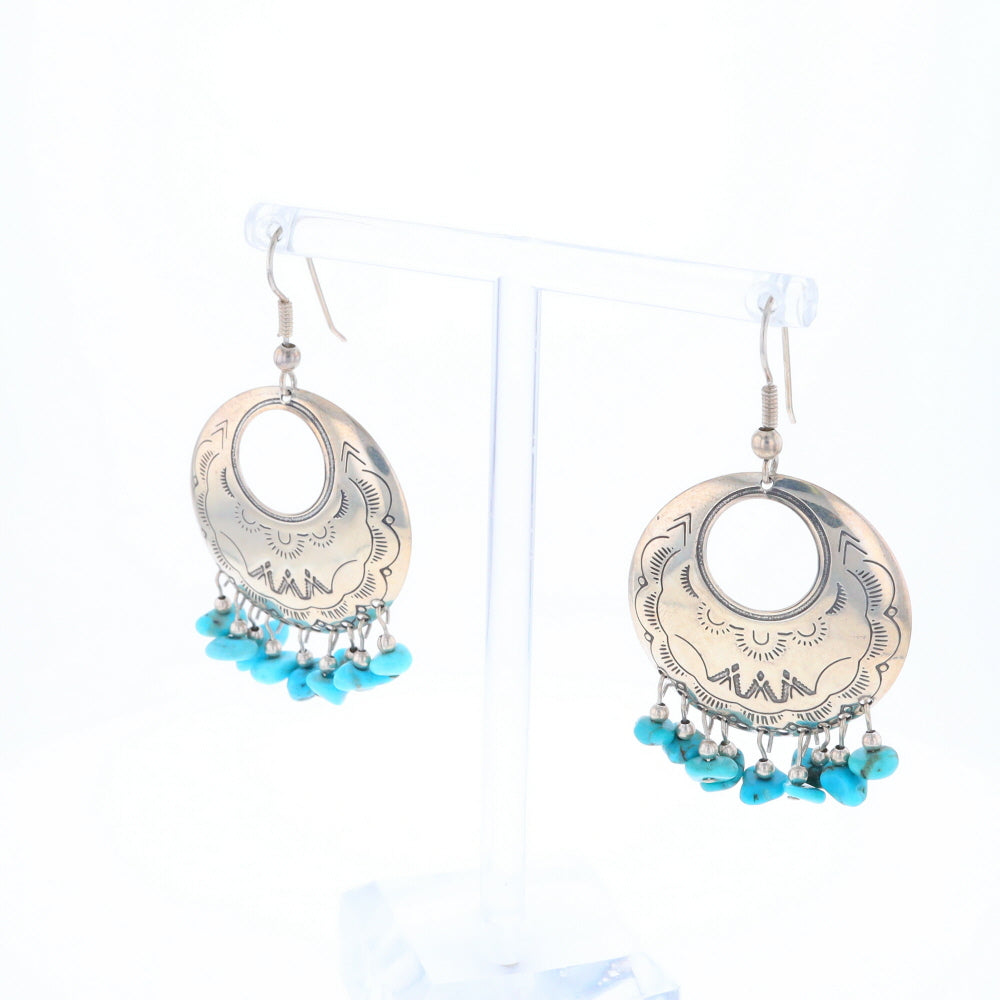 Stamped Silver Hook Earrings with Turquoise Dangles