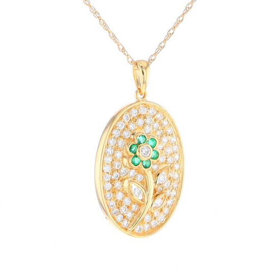 Emerald and Diamond Encrusted Oval Flower Pendant