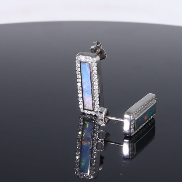 Opal Earrings Rectangle Inlaid with .50ctw Round Diamond Halo Studs