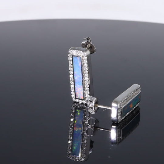 Opal Earrings Rectangle Inlaid with .50ctw Round Diamond Halo Studs