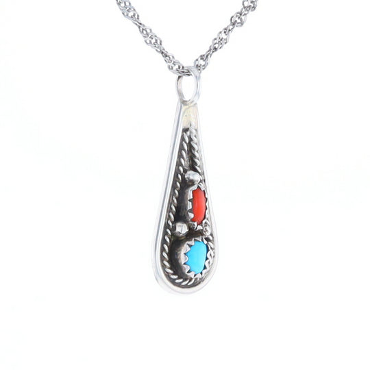 Native Turquoise & Coral Teardrop Pendant