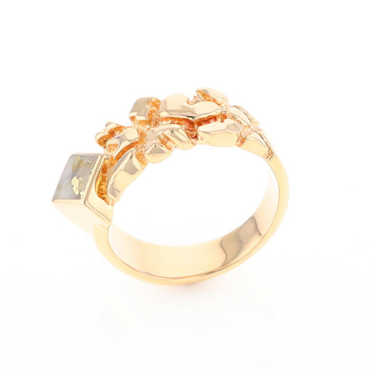 Gold Quartz Ring Diamond Shape Inlay Nugget Design Band