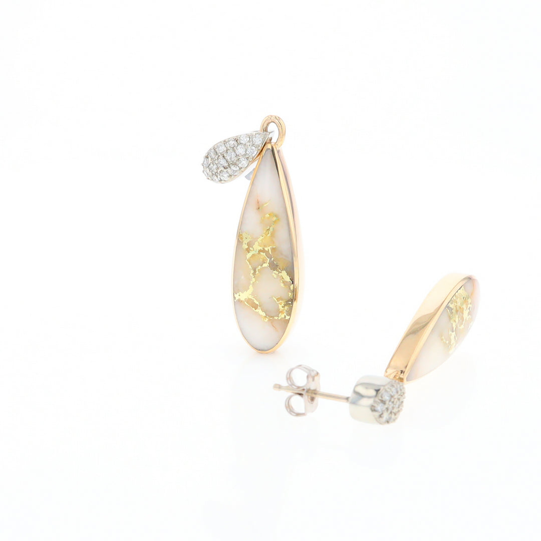 Gold Quartz Earrings, Tear Drop Inlaid with .22ctw Diamond Pave Design