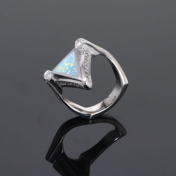 Opal Rings Triangle Inlaid Design with .31ctw Round Diamonds
