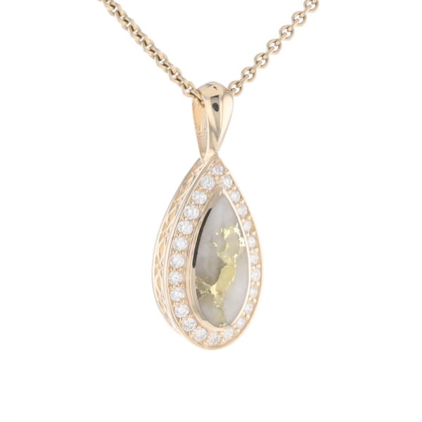Gold Quartz Pendant Tear Drop Inlaid .42ctw Diamond Halo Design