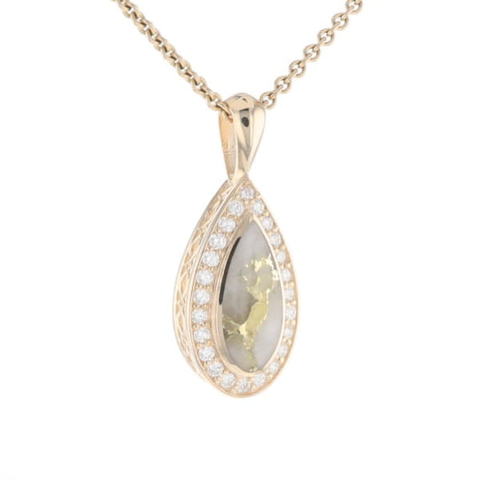 Gold Quartz Pendant Tear Drop Inlaid .42ctw Diamond Halo Design