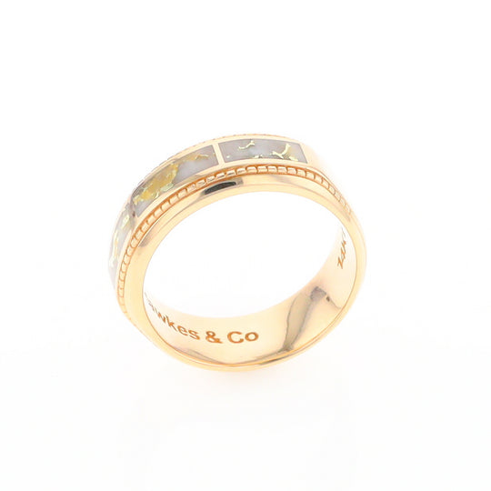 Gold Quartz Ring 3 Section Rectangle Inlaid Milgrain Border Band G1