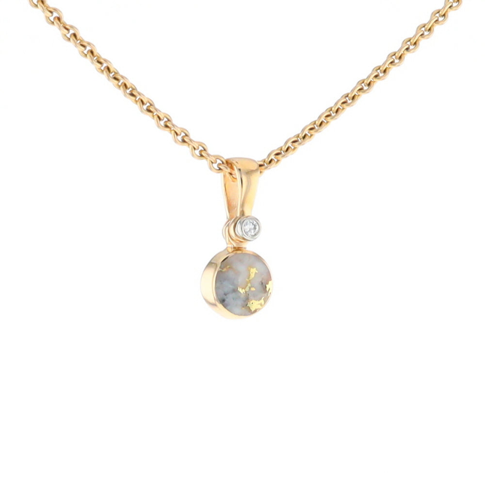 Gold Quartz Necklace Round Inlaid Pendant with .02ct Round Diamond