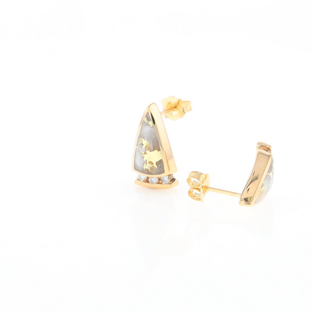 G2 Gold Quartz Earrings Triangle Shape Inlaid Design with .12ctw Diamonds