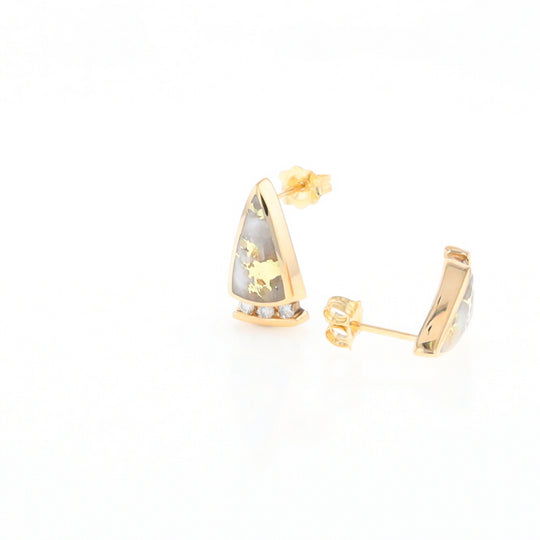 G2 Gold Quartz Earrings Triangle Shape Inlaid Design with .12ctw Diamonds