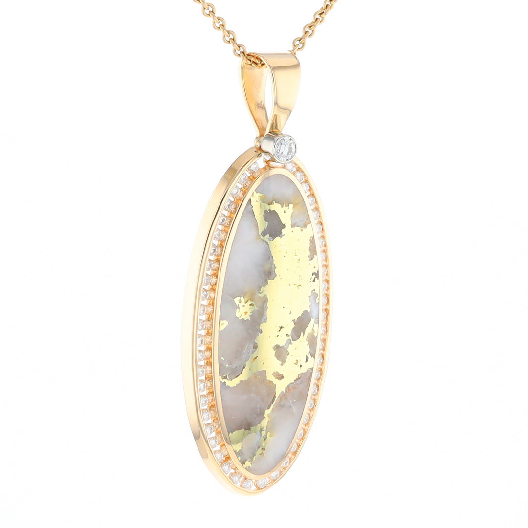 Gold Quartz Necklace 0.96ctw Halo Diamond Oval Inlaid Pendant