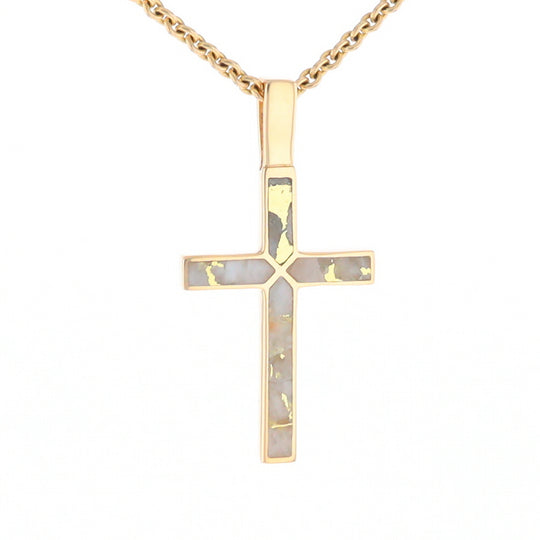 Gold Quartz Necklace 4 Section Inlaid Design Cross Pendant