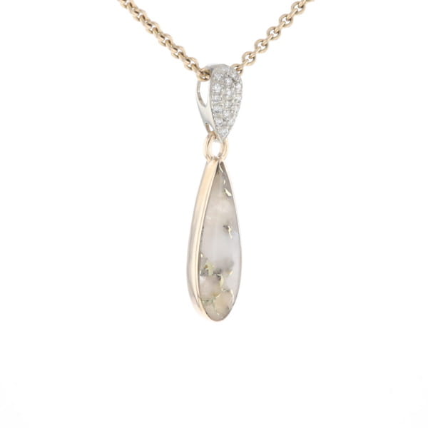 Gold Quartz Necklace Tear Drop Inlaid Pendant with .11ctw Diamonds