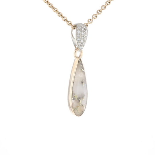 Gold Quartz Necklace Tear Drop Inlaid Pendant with .11ctw Diamonds