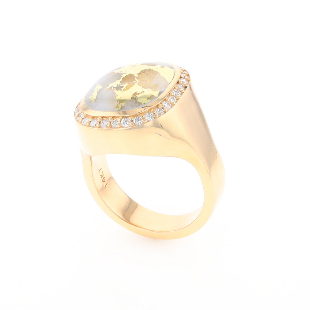 Gold Quartz Cushion Inlaid Men's Ring with Diamond Halo