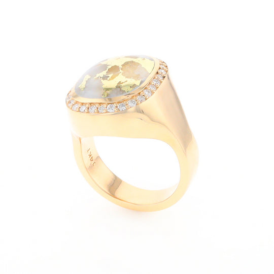 Gold Quartz Cushion Inlaid Men's Ring with Diamond Halo