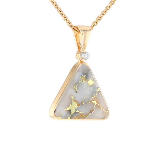 Gold Quartz Necklace Triangle Inlaid Pendant with .02ct Diamond