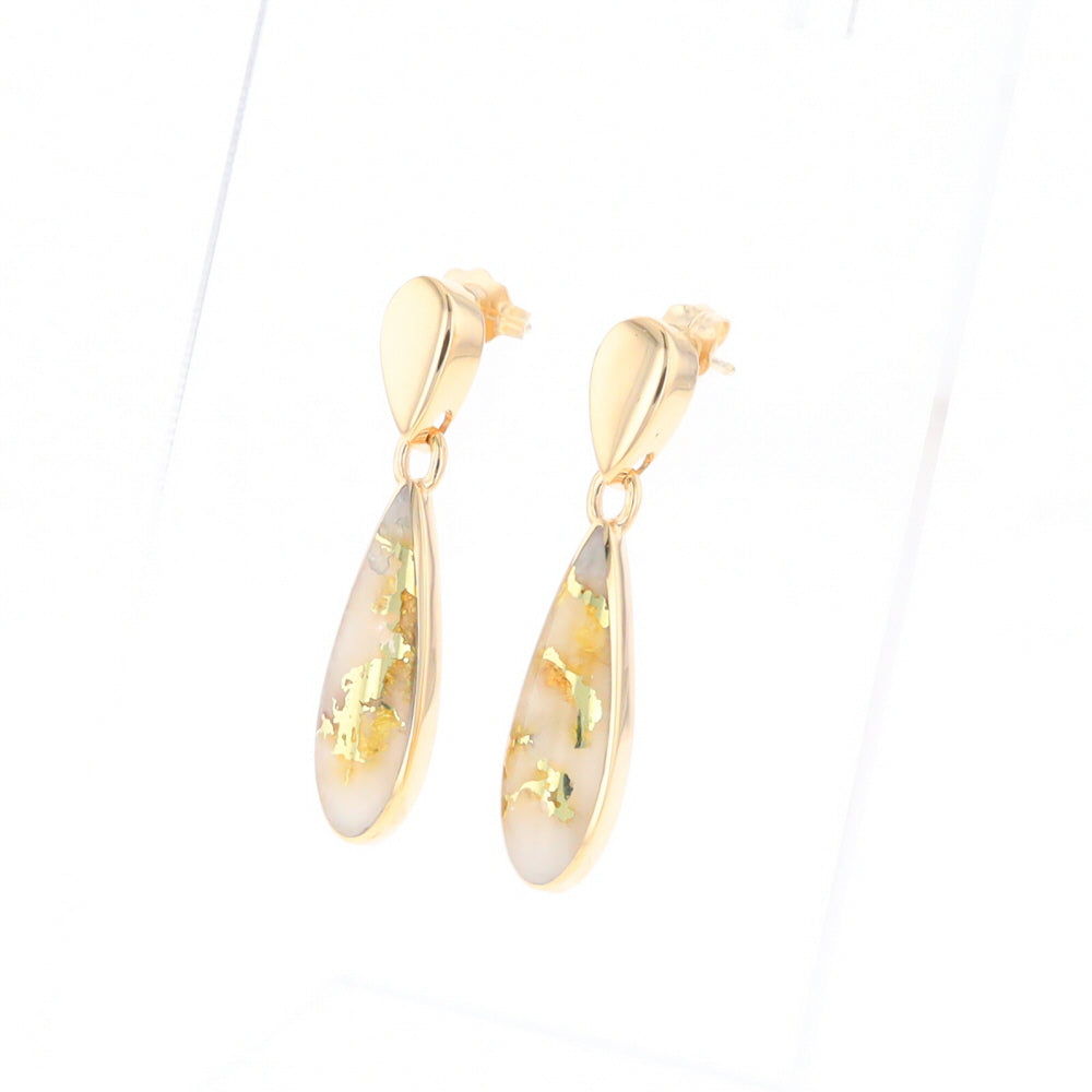 Gold Quartz Earrings Tear Drop Inlaid Design